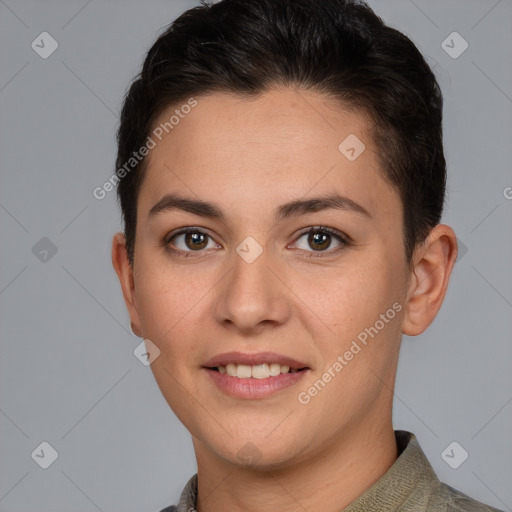 Joyful white young-adult female with short  brown hair and brown eyes