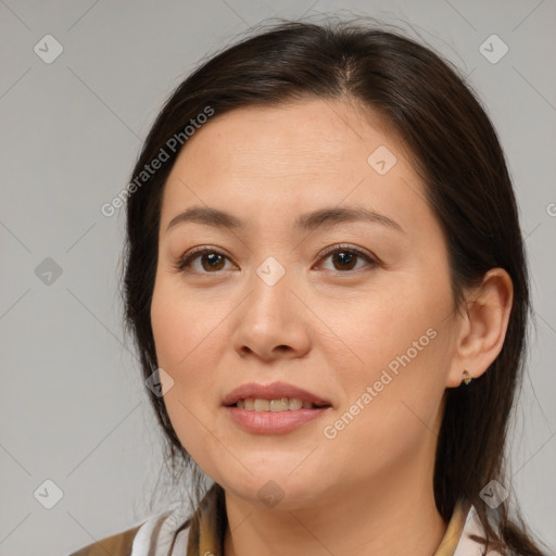 Joyful white young-adult female with medium  brown hair and brown eyes