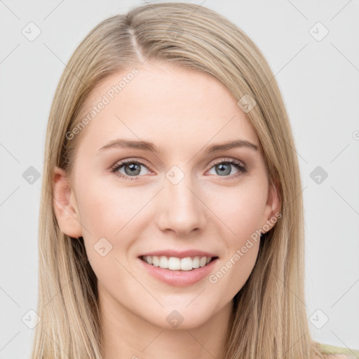 Joyful white young-adult female with long  brown hair and grey eyes