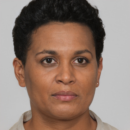 Neutral black adult female with short  brown hair and brown eyes