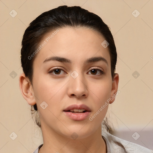 Neutral white young-adult female with short  brown hair and brown eyes