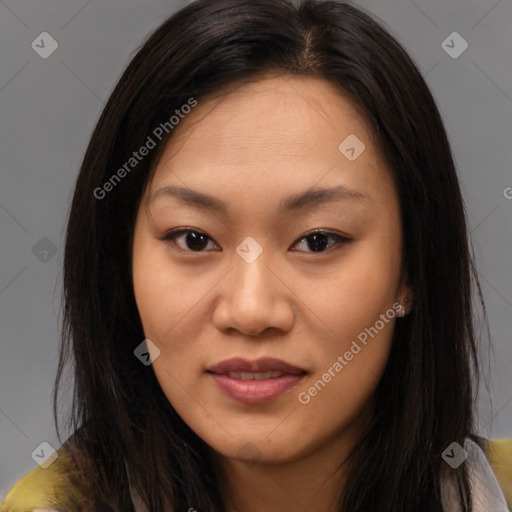 Joyful asian young-adult female with long  brown hair and brown eyes