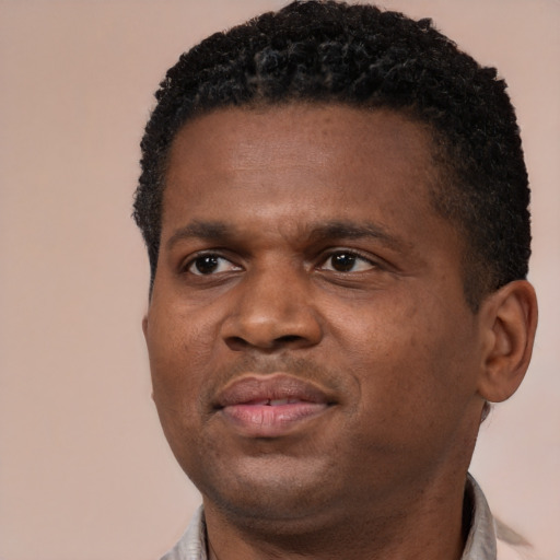Joyful black adult male with short  black hair and brown eyes