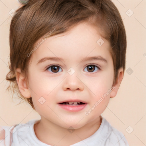 Joyful white child female with short  brown hair and brown eyes