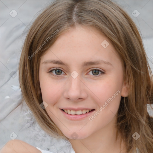 Joyful white young-adult female with medium  brown hair and blue eyes