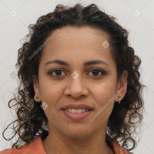 Joyful latino young-adult female with long  brown hair and brown eyes