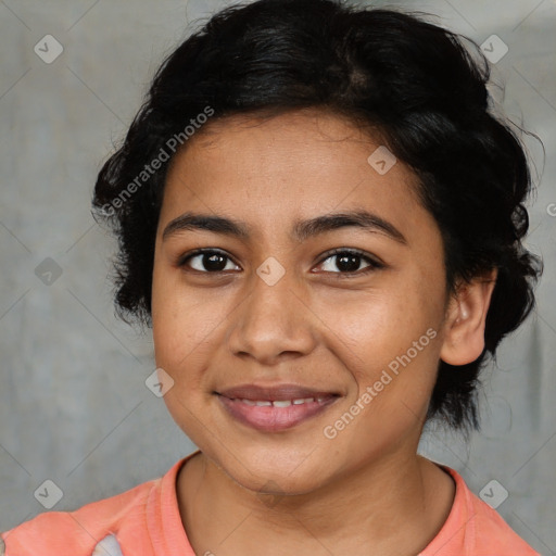 Joyful latino young-adult female with medium  black hair and brown eyes