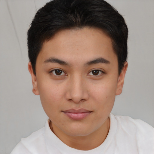 Joyful asian young-adult female with short  brown hair and brown eyes