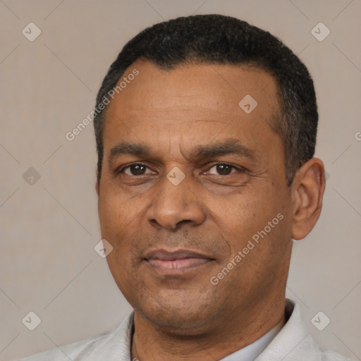 Neutral latino adult male with short  black hair and brown eyes