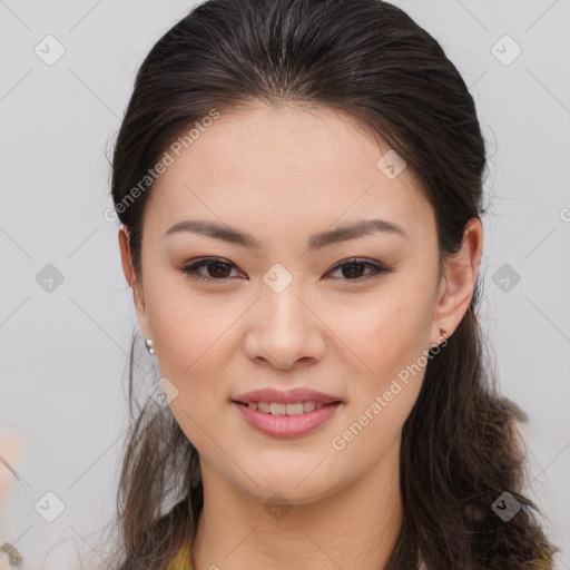 Joyful asian young-adult female with long  brown hair and brown eyes