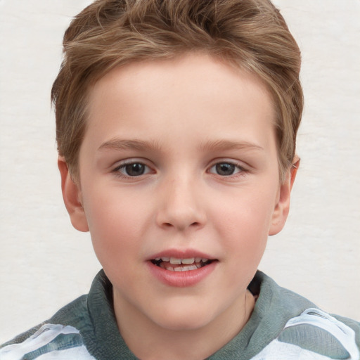 Joyful white child female with short  brown hair and grey eyes