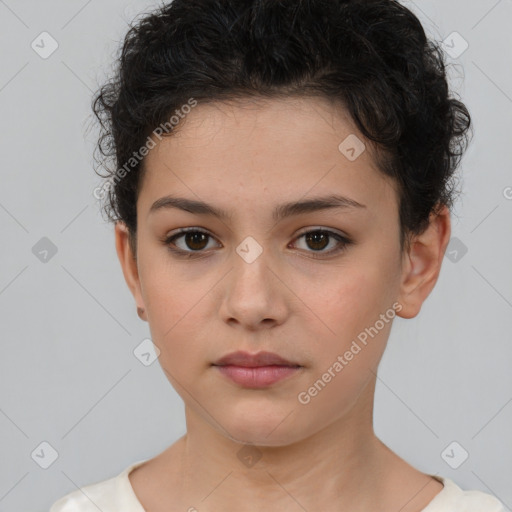 Neutral white young-adult female with short  brown hair and brown eyes