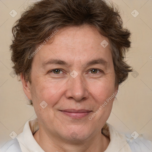 Joyful white adult female with short  brown hair and brown eyes