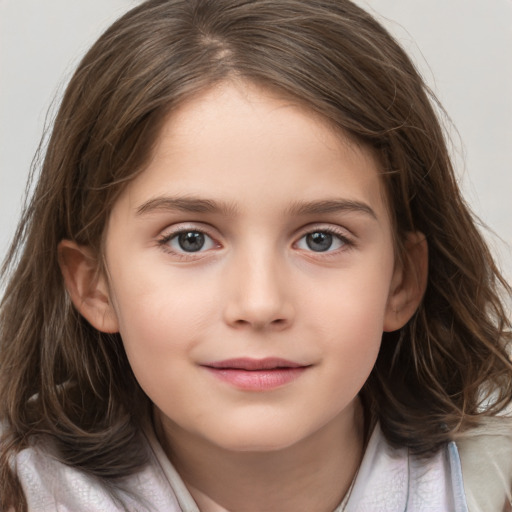 Joyful white child female with medium  brown hair and brown eyes