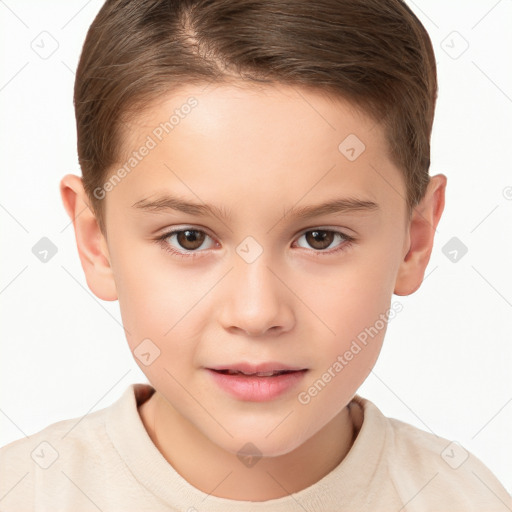 Joyful white child female with short  brown hair and brown eyes