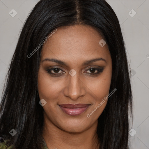 Joyful asian young-adult female with long  brown hair and brown eyes