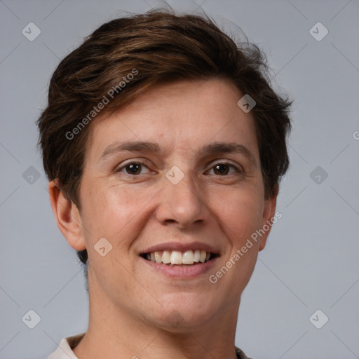 Joyful white young-adult female with short  brown hair and grey eyes