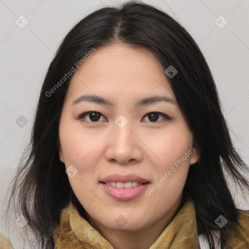 Joyful asian young-adult female with medium  brown hair and brown eyes