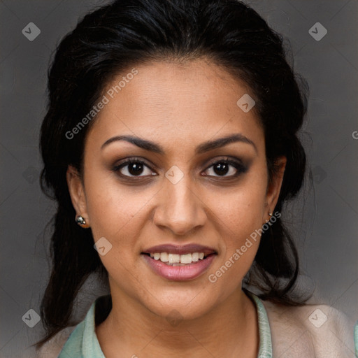 Joyful latino young-adult female with medium  brown hair and brown eyes