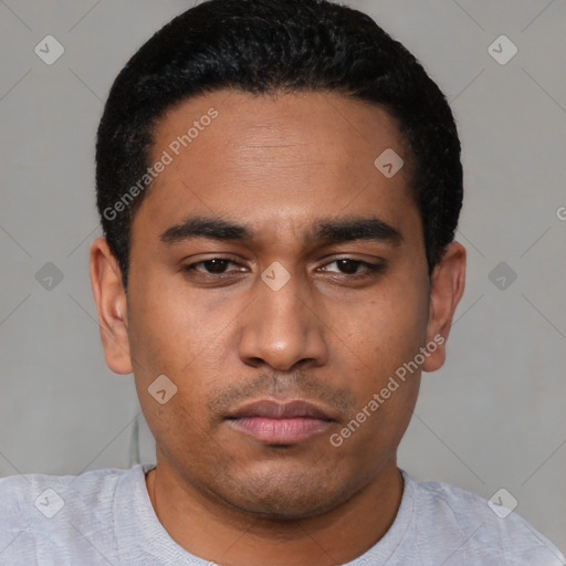 Neutral latino young-adult male with short  black hair and brown eyes