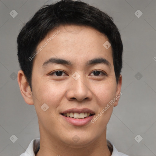 Joyful asian young-adult male with short  brown hair and brown eyes