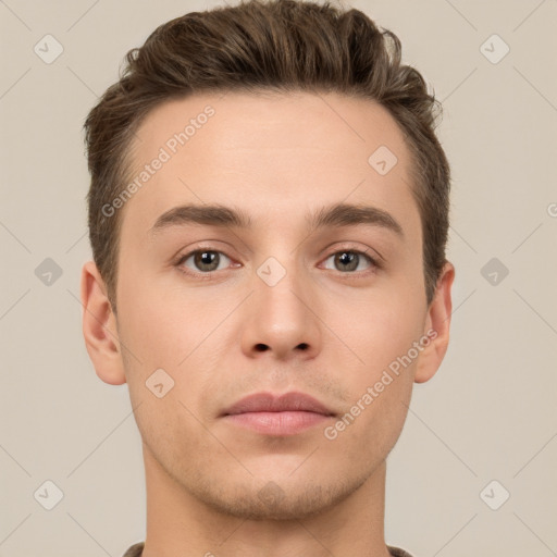 Neutral white young-adult male with short  brown hair and brown eyes