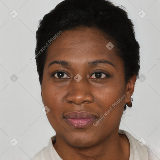 Joyful black young-adult female with short  black hair and brown eyes