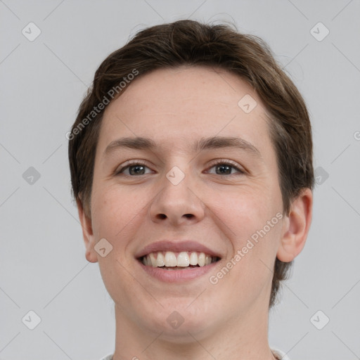 Joyful white young-adult female with short  brown hair and grey eyes