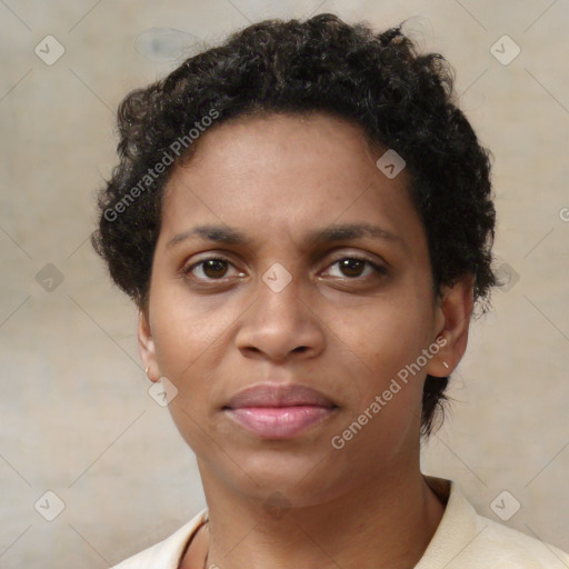 Neutral black young-adult female with short  brown hair and brown eyes