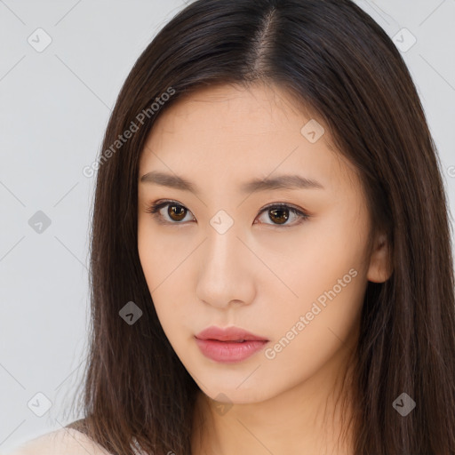 Neutral asian young-adult female with long  brown hair and brown eyes