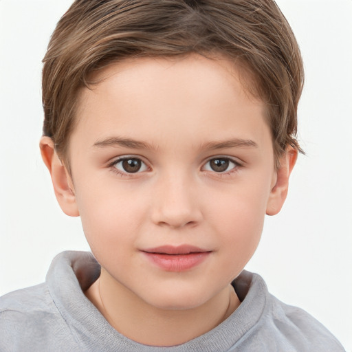 Joyful white child female with short  brown hair and brown eyes