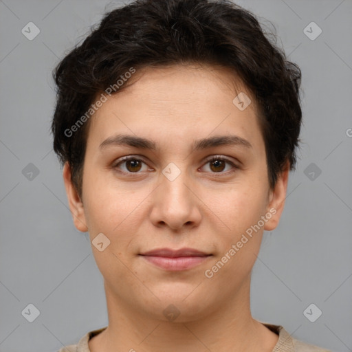 Joyful white young-adult female with short  brown hair and brown eyes