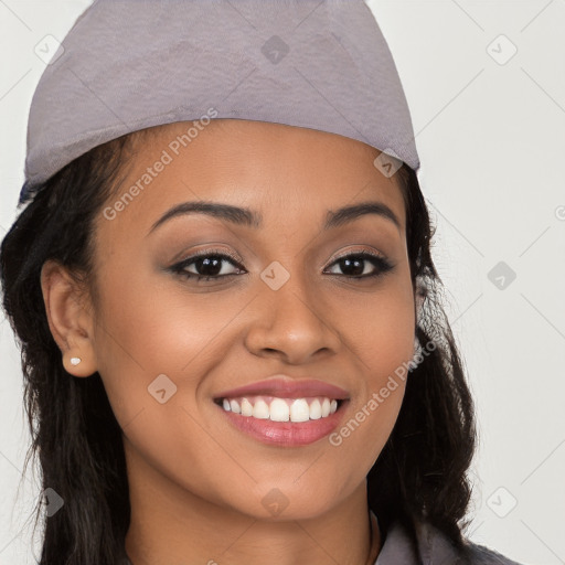 Joyful white young-adult female with long  black hair and brown eyes