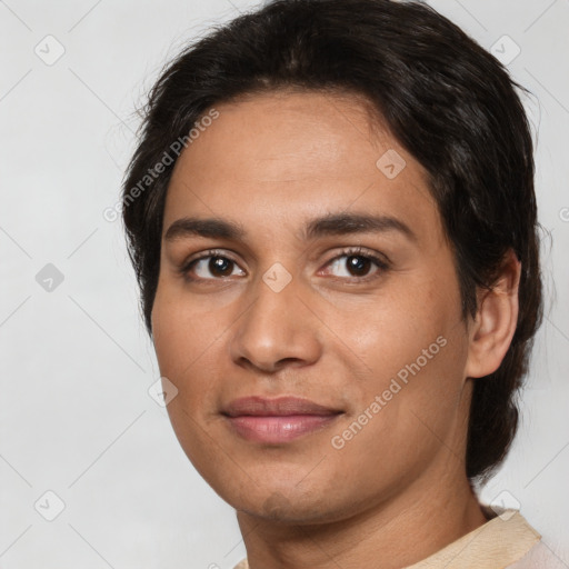 Joyful asian young-adult female with short  brown hair and brown eyes