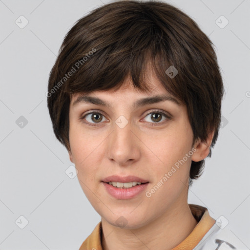 Joyful white young-adult female with short  brown hair and brown eyes