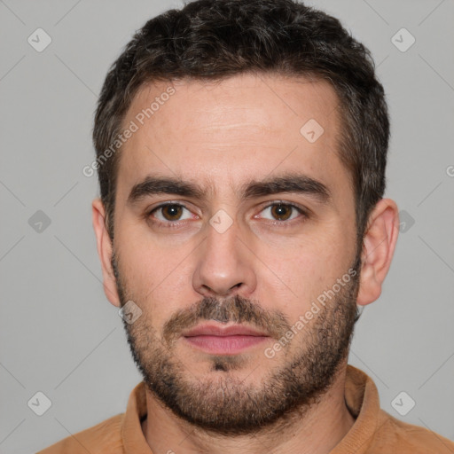 Neutral white young-adult male with short  brown hair and brown eyes