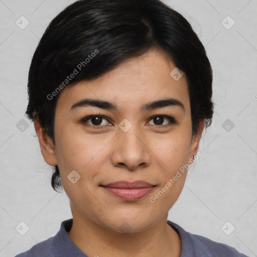 Joyful asian young-adult female with medium  black hair and brown eyes