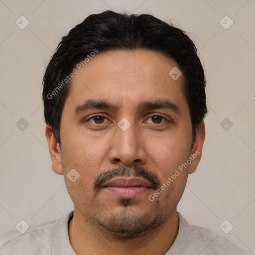Neutral latino young-adult male with short  black hair and brown eyes
