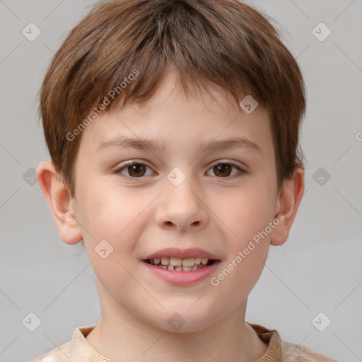 Joyful white child male with short  brown hair and brown eyes