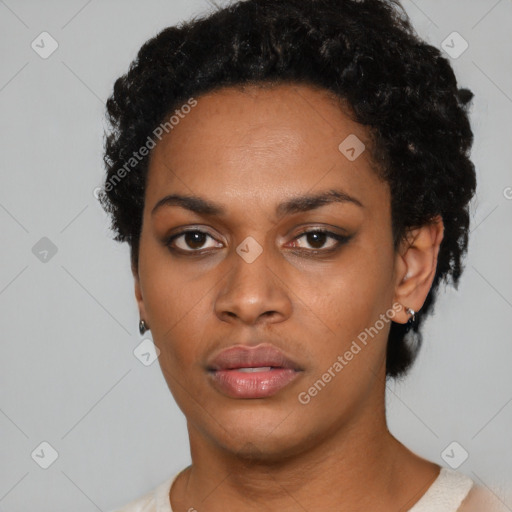 Neutral black young-adult female with short  black hair and brown eyes