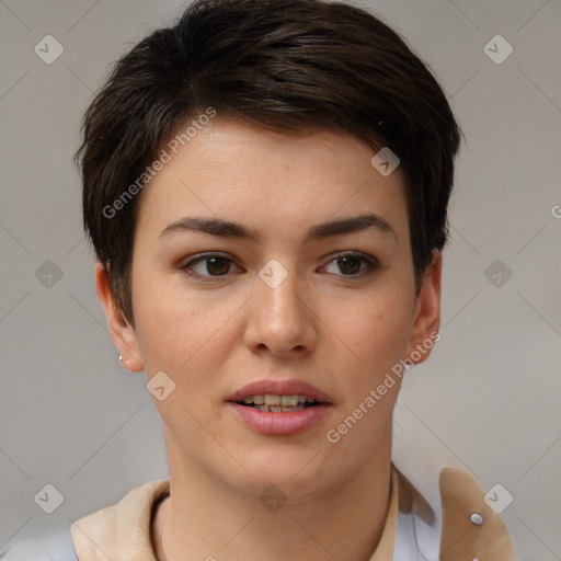 Joyful white young-adult female with short  brown hair and brown eyes