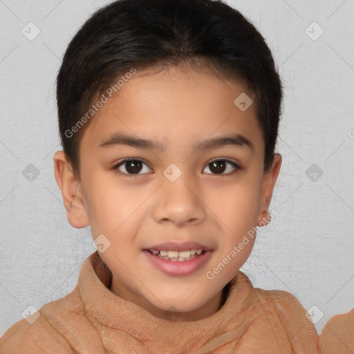 Joyful white child female with short  brown hair and brown eyes