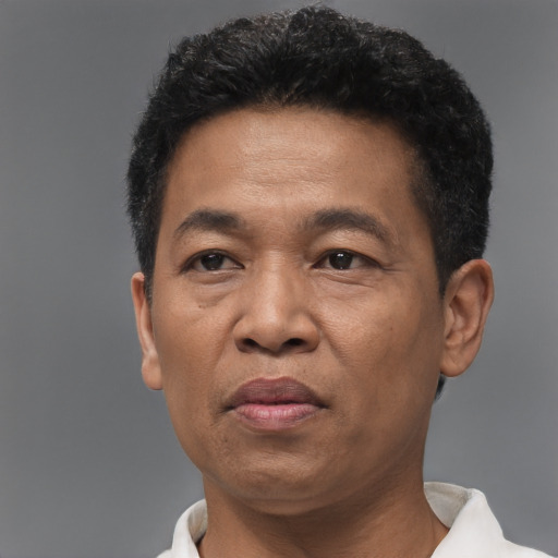 Joyful asian adult male with short  black hair and brown eyes