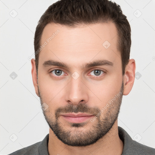 Neutral white young-adult male with short  brown hair and brown eyes