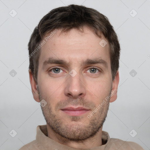 Neutral white young-adult male with short  brown hair and brown eyes