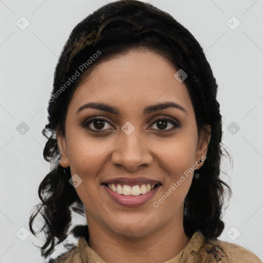 Joyful latino young-adult female with medium  black hair and brown eyes