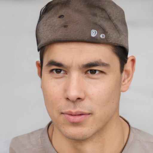 Neutral asian young-adult male with short  brown hair and brown eyes