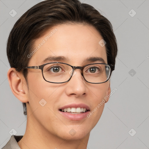 Joyful white young-adult female with short  brown hair and grey eyes