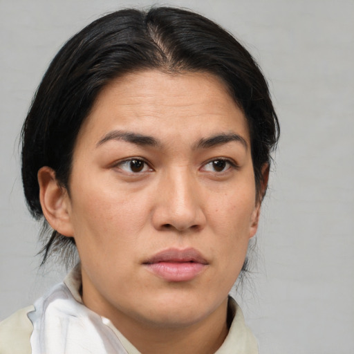 Neutral asian young-adult female with medium  brown hair and brown eyes