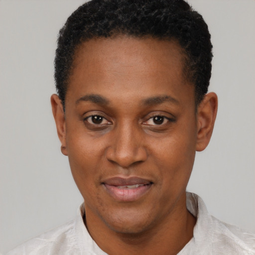 Joyful black young-adult male with short  black hair and brown eyes